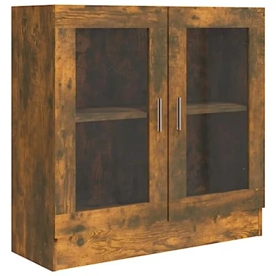 Image of vidaXL Vitrine Cabinet in Smoked Oak Engineered Wood, 82.5x30.5x80 cm Modern Design, Wall Attachment, 2 Glass Doors, Spacious Compartments for Books and Multimedia Devices Easy Assembly