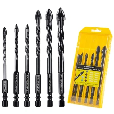 Image of HPMAISON 6PCS Masonry Drill Bits, Tungsten Carbide Tip Concrete Bit Set for Ceramic Tile, Brick Wall, Concrete, Wall Mirror, Glass, Plastic and Wood (5 6 8 10 12mm)