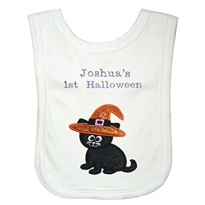 Image of Baby 1st Personalised Applique Cat Halloween Bib (White)