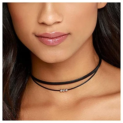 Image of Inilbran Boho Layered Leather Rope Necklace Choker Black Cord Gothic Suede Chain Short Collar Jewelry for Women and Girls