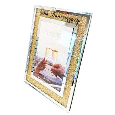 Image of 50th Wedding Anniversary Photo Frame Golden Mirror Glass Crystal Diamante Gift