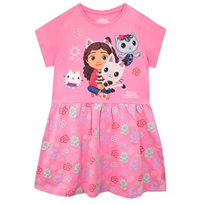 Image of DREAMWORKS Girls Gabbys Dollhouse Dress Kids Gabby&#039;s Floral Skater Pink 6 7 Years