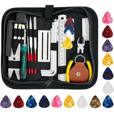 Image of 50Pcs Guitar Maintenance Tool Kit with Carry Bag,Guitar Repairing Picks for Ukulele Bass Banjo Mandolin,Guitar Care Accessories Gifts Music String Instrument Enthusiast