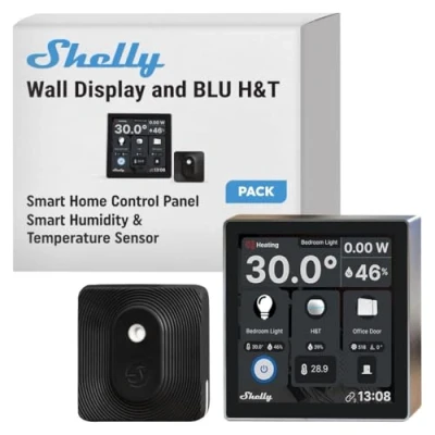 Image of Shelly Wall Display Black + Blu H&amp;T (Bundle), Smart Control and Environmental Monitoring Starter Pack, WLAN &amp; Bluetooth, Thermostat, Integrated 5A Relay, Neutral Conductor Required