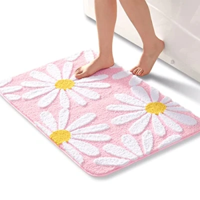 Image of QJHOMO Pink Bathroom Rug Cute Daisy Bath Mat Non Slip Washable White and Yellow Flower Soft Shower Absorbent 60 x 90 cm