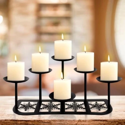 Image of Fireplace Candelabra Candle Holder Matte Black Metal Candleholder with 6 Stands Mantle Decor for Flameless or Wax Pillar Floor Table Centrepiece Christmas Wedding Party Decoration