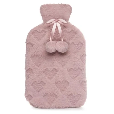 Image of A2Z Hot Water Bottle 2 Litre Pink Heart Embossed Plush Fleece Pom Cover Bag for Pain Relief Cosy Nights and Relaxation