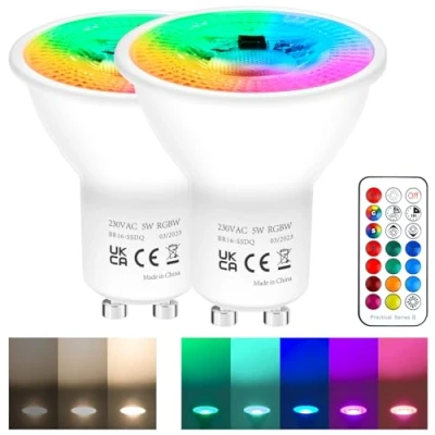 Image of REYLAX GU10 Colour Changing LED Bulbs 5W Dimmable with Remote Spotlight Warm White 12 Colours Spot Lights 5 Modes Timer for Atmosphere and Daily Lighting Pack of 2