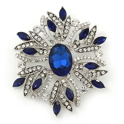 Image of Avalaya Stunning Navy Blue, Clear Austrian Crystal Corsage Brooch in Rhodium Plating 60mm Length