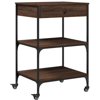 Image of vidaXL Brown Oak Engineered Wood Kitchen Trolley Rolling Storage Cart with Steel Frame, Lockable Wheels, and Ample Shelving