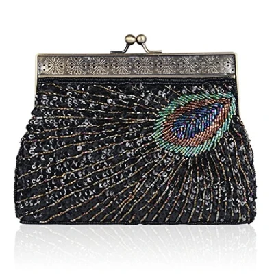 Image of YYW Vintage Clutch Sequin Teal Peacock Unusual Antique Beaded Evening Handbag Women&#039;s Fashion Designer Elegant Purse (Black)