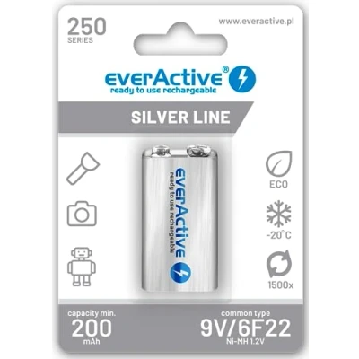 Image of everActive Battery 9V 250 mAh, Ni MH, Block, Rechargeable, Pre Charged, Silver Line, 6F22 HR22 8.4V, 1 Piece Blister Card, EVHRL22 250,