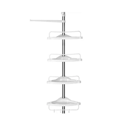 Image of SONGMICS Adjustable Bathroom Corner Shelf, Telescopic Shower Caddy, 95 300 cm, Floor to Ceiling, with Stainless Steel Frame, 4 Trays, 3 Hooks, 1 Towel Bar, White and Silver BCB02SW