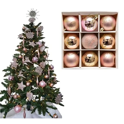 Image of 9pc Luxury Premium Baubles, Christmas Tree Bauble Decorations Matte, Glitter, shiny &amp; Frosted (6cm) (Rose Gold)