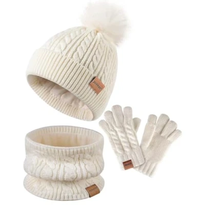 Image of ZUPPAD Hat Scarf and Gloves Set Kids, Winter Bobble Beanie Knit Neck Warmer Gaiter Snood Fleece Lined for Girls Toddler Children（White）