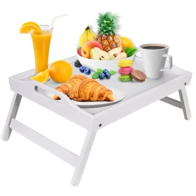 Image of Mosii White Bamboo Bed Tray Table With Handles &amp; Foldable Legs, Multipurpose Lap Standing Desk For Breakfast In Bed, Sofa, Eating, Platters, Working, Serving, Drawing, Laptop Stand Snack