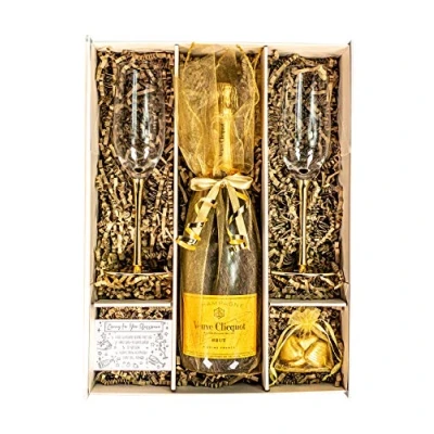 Image of Veuve Clicqout Champagne 75cl Gold Gift Set Hamper With 2 Stem Flutes, Chocolates and Box Engagement or Golden Wedding For Couples (Metallic Stems)