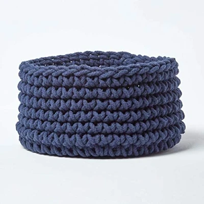 Image of HOMESCAPES Navy Blue Knitted Storage Basket Round W37 x H21cm 100% Cotton Fabric Toys Matching with Pouffes