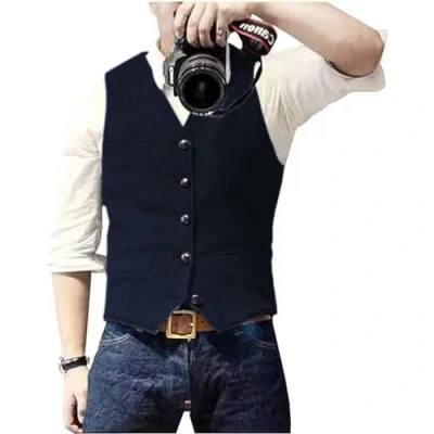 Image of Solovedress Mens Vintage Waistcoat Tweed Wool Regular Fit Suit Vest for Wedding Groomsmen(Dark Navy Blue,M)