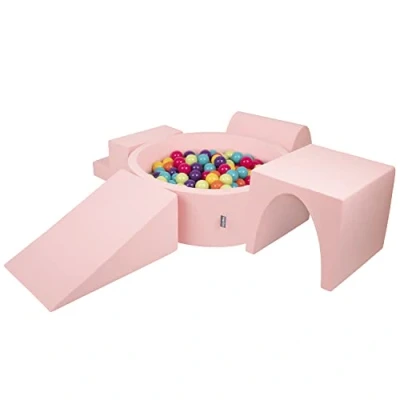 Image of KiddyMoon Foam Playground For Kids With Round Ballpit (300 Balls ∅ 7Cm/2.75In) Soft Obstacles Course And Ball Pool, Made In EU, Pink:Lgreen/Yellow/Turquoise/Orange/Dpink/Purple