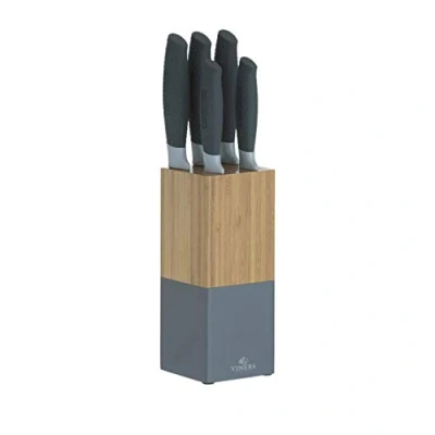 Image of Viners Horizon Knife Block Set of 6 Piece, 5 Kitchen Knives and Bamboo Holder, Chef, Santoku, Carving, Utility Paring Knives, Grey, Stainless Steel, 0305.194
