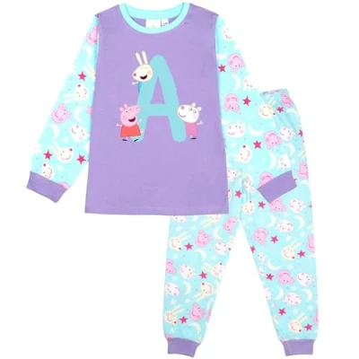Image of Peppa Pig Personalised Initial Pyjama for Girls 100% Cotton Long Sleeve Winter Soft and Comfortable Gift PJ Set Age 1/2 Purple