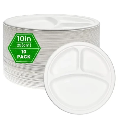 Image of Venuscello 100 x Strong Disposable 3 Compartment 10 Inch Bagasse Plates Heavy Duty Biodegradable White Eco Friendly &amp; Compostable Party