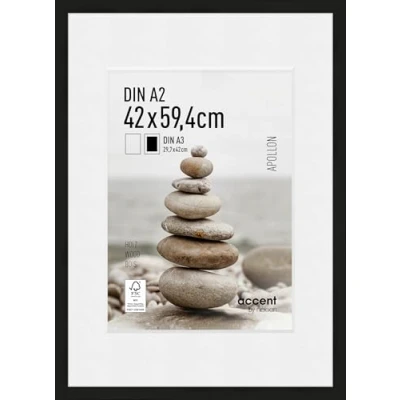 Image of accent by nielsen Apollon Photo Frame Black A2 Wooden 42x59.4cm Picture with White Mount to fit A3, Protective Float Glass and Push Turn Clips