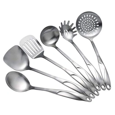 Image of BAtlam Kitchen Utensil Set 6 Piece Stainless Steel Cooking Utensils Includes Slotted Spoon, Spatula, Large Soup Ladle, Spatula