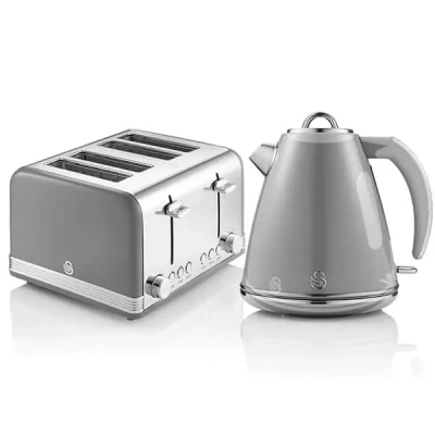 Image of Swan Retro Grey Kettle and 4 Slice Toaster Set