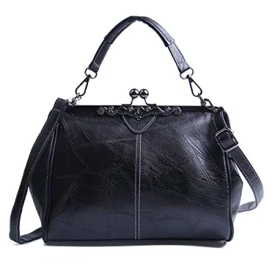 Image of LUI SUI Women Retro Handbag, PU Leather Purse Vintage Top Handle Bag Kiss Lock Crossbody Shoulder for Ladies Black