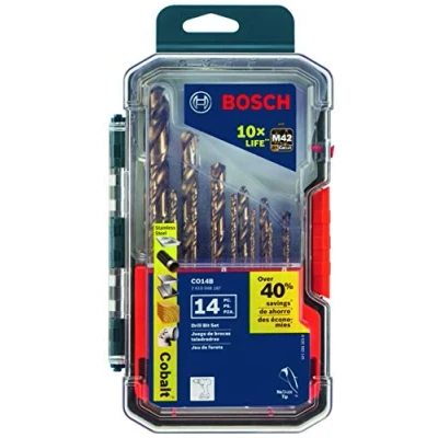 Image of BOSCH CO14B 14 Piece Assorted Set with Included Case Cobalt M42 Metal Drill Bit Three Flat Shank for Drilling Applications in Stainless Steel, Cast Iron, Titanium, Light Gauge Metal, Aluminum