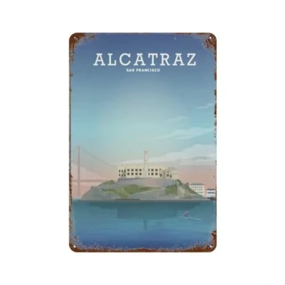 Image of Metal Tin Sign,San Francisco Alcatraz Island Skyline,Tin Sign Vintage Bar Kitchen Garage Cave Home Wall Funny Decor Retro Sign(20x30cm）8x12 inch F64