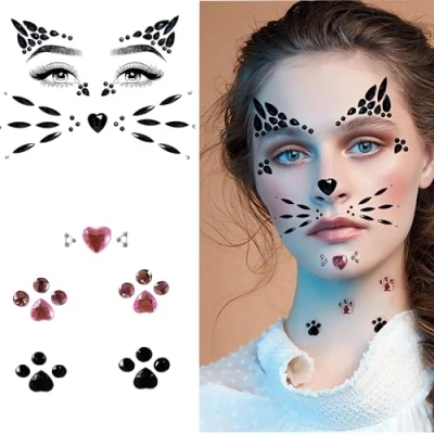Image of Cat Glitter Stones Face, Pink Print Rhinestones Black Face Temporary Tattoos for Festival, Carnival, Make Up, Parties, Makeup, Cosplay (Cat)