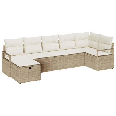 Image of vidaXL 7 Piece Garden Sofa Set with Cushions Beige Poly Rattan