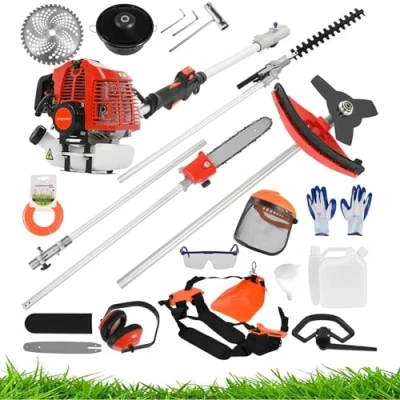 Image of Hiborth 52cc Cordless Hedge Trimmer Chainsaw Brush Cutter Strimmer Long Reach Pole Red