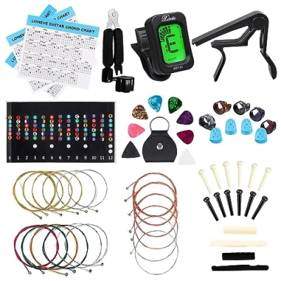 Image of LOMEVE Guitar Accessories Kit Include Acoustic Strings, Tuner, Capo, 3 in 1 Restring Tool, Pick Holder, Bridge Pins, Nuts &amp; Saddles, Finger Protector, Picks, Fretboard Stickers (59PCS)