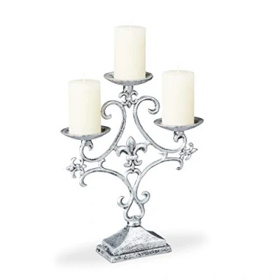 Image of Relaxdays Candle Holder, 3 Armed, for Tealight and Pillar Candles, Vintage, Cast Iron, HxWxD: 28.5 x 23 7.5 cm, Silver