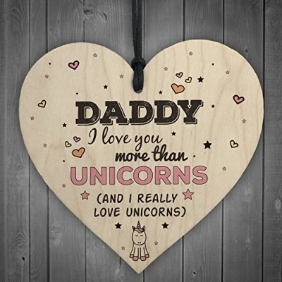 Image of RED OCEAN Love You More Than Unicorns Fathers Day Dad Daddy Cute Wooden Hanging Heart Gift Wall Sign Funny Novelty