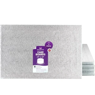 Image of Culpitt 14&quot; x 10&quot; Cake Board, Oblong Drum, Rectangular, 0.5 Inch (13mm) Thick, Pack of 5 Boards For Tray Bakes, Cakes, And Cupcake Displays Silver