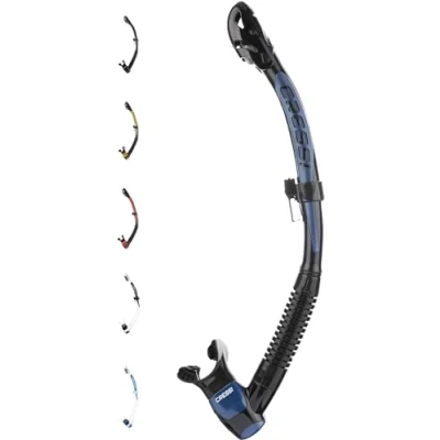 Image of Cressi Itaca Ultra Dry Snorkel for Free Diving and Snorkeling, Black/Metal Blue, One Size, Unisex Adult