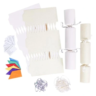 Image of evelay 12 Make Your Own Christmas Cracker Kit DIY Cream &amp; White Glitter Crackers Hats Snaps Jokes (Cream, White)