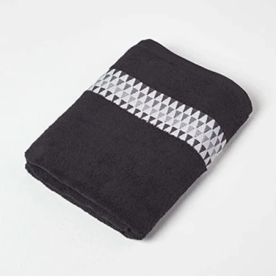 Image of HOMESCAPES Geometric Pattern Black Bath Towel 100% Cotton Super Absorbent &amp; Soft Large with Retro Design