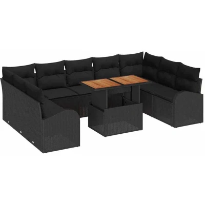 Image of vidaXL 10 Piece Garden Dining Set with Cushions Black Poly Rattan Acacia