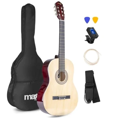 Image of MAX SoloArt Classic Natural Acoustic Guitar Starter Kit Ideal for Beginners &amp; Students Complete Set with Case, Strap Tuner Beginner Guitars Adults Kids
