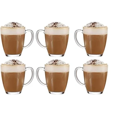 Image of TOPUPDRINK Set of 6 Latte Glasses, Coffee Mugs Cups with Handle, Hot Chocolate Mugs, Glasses Dolce Gusto, Tea Cup Sets 6, 6pc Glass Cups, Cappuccino 295M
