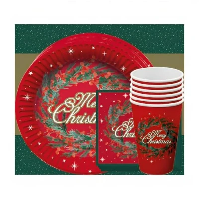 Image of VR Angel Merry Christmas 25 x Party Tableware Set Includes 6 Plates Cups 12 2 Ply Napkins 1 Table Cover Favors Kids Xmas Accessories