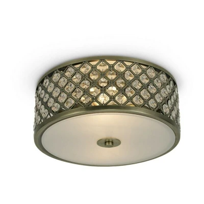 Image of Sasha 2 Light E14, Flush Ceiling Light, 300mm Round, Antique Brass with Crystal Glass And Opal Diffuser