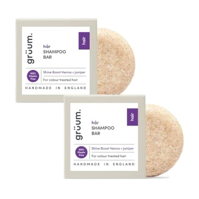 Image of grüum Twin Pack Shine Boost Shampoo Bar 50g Solid Bars for Hair Up to 60 Washes Plastic Free Vegan Men &amp; Women Paraben Rich Lathering Colour Treated Hairs