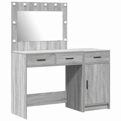 Image of vidaXL Grey Sonoma Engineered Wood Vanity Table Set with LED Lighting &amp; Storage Bedroom Dressing Mirror Drawers 78.5x41x135 cm